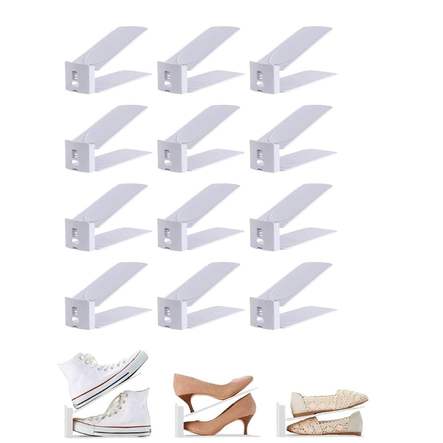 Pack of 12 Pcs Shoe Slot Organise Storage Adjustable 3-Level Height Shoe Organiser- Non-Slip Space Saver Shoe Holder- Shoe Stacker for All Shoe Styles Shoe Rack, Suitable for Women and Men
