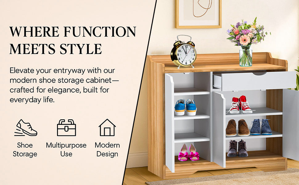 HYGRAD Wooden Hallway Shoe Storage Cabinet, Modern Styled Home Shoe Rack Display (White)
