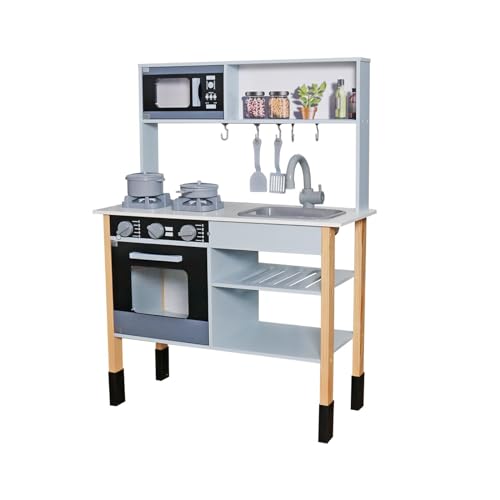 HYGRAD Kids Large Wooden Kitchen Toy Play Set Toddlers Chef Grey Kitchen Pretend Play For Boys & Girls Role Play Gift For Kids 3 Years +