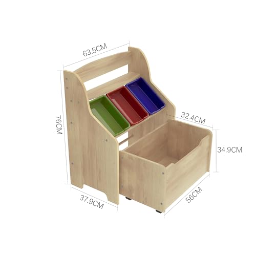 HYGRAD® Wooden Kids Toy Storage Organizer, 3 Plastic Bins, Extra Rolling Toy Box Chest & Storage Shelf, Toddler Furniture Storage Unit with Wheels for Child's Bedroom Playroom