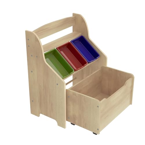 HYGRAD® Wooden Kids Toy Storage Organizer, 3 Plastic Bins, Extra Rolling Toy Box Chest & Storage Shelf, Toddler Furniture Storage Unit with Wheels for Child's Bedroom Playroom