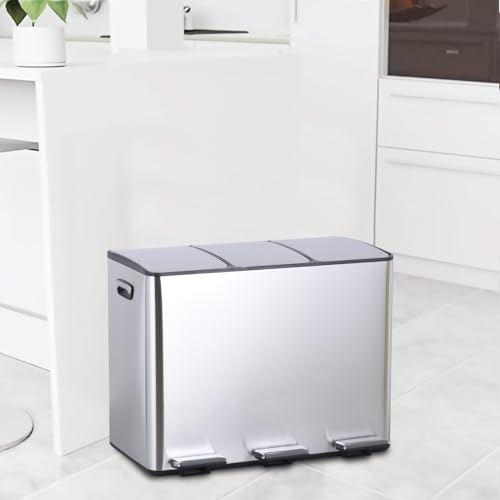 HYGRAD 3 Compartment Recycling Bin 45L Dual Compartments Kitchen Pedal Dust Bin Waste Bin Separation System (3x15L Compartments) (Silver)