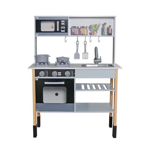 HYGRAD Kids Large Wooden Kitchen Toy Play Set Toddlers Chef Grey Kitchen Pretend Play For Boys & Girls Role Play Gift For Kids 3 Years +