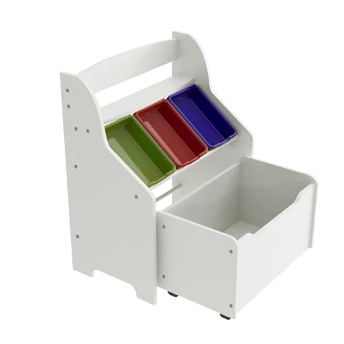 HYGRAD® Wooden Kids Toy Storage Organizer, 3 Plastic Bins, Extra Rolling Toy Box Chest & Storage Shelf, Toddler Furniture Storage Unit with Wheels for Child's Bedroom Playroom (White)