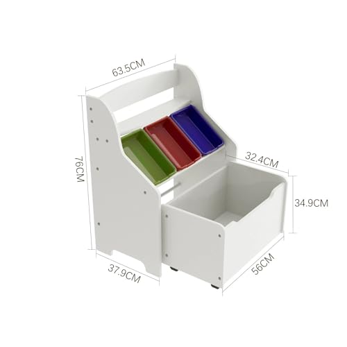 HYGRAD® Wooden Kids Toy Storage Organizer, 3 Plastic Bins, Extra Rolling Toy Box Chest & Storage Shelf, Toddler Furniture Storage Unit with Wheels for Child's Bedroom Playroom (White)