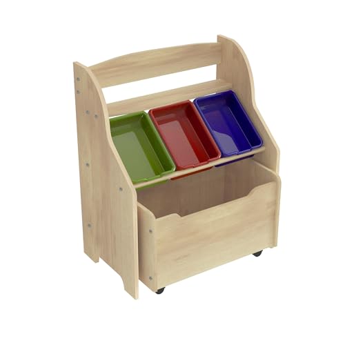 HYGRAD® Wooden Kids Toy Storage Organizer, 3 Plastic Bins, Extra Rolling Toy Box Chest & Storage Shelf, Toddler Furniture Storage Unit with Wheels for Child's Bedroom Playroom