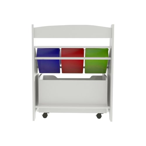 HYGRAD® Wooden Kids Toy Storage Organizer, 3 Plastic Bins, Extra Rolling Toy Box Chest & Storage Shelf, Toddler Furniture Storage Unit with Wheels for Child's Bedroom Playroom (White)