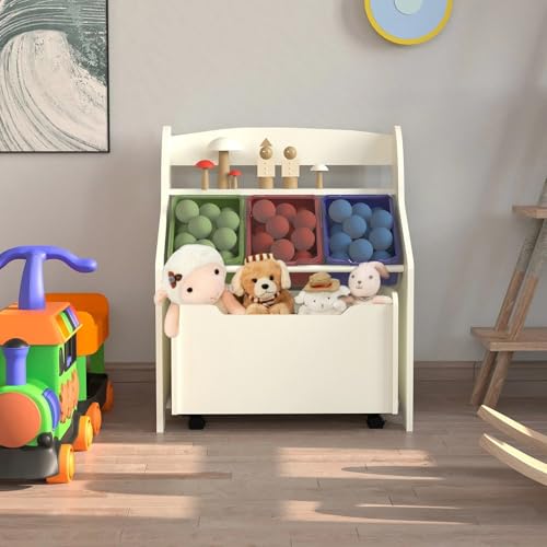 HYGRAD® Wooden Kids Toy Storage Organizer, 3 Plastic Bins, Extra Rolling Toy Box Chest & Storage Shelf, Toddler Furniture Storage Unit with Wheels for Child's Bedroom Playroom (White)