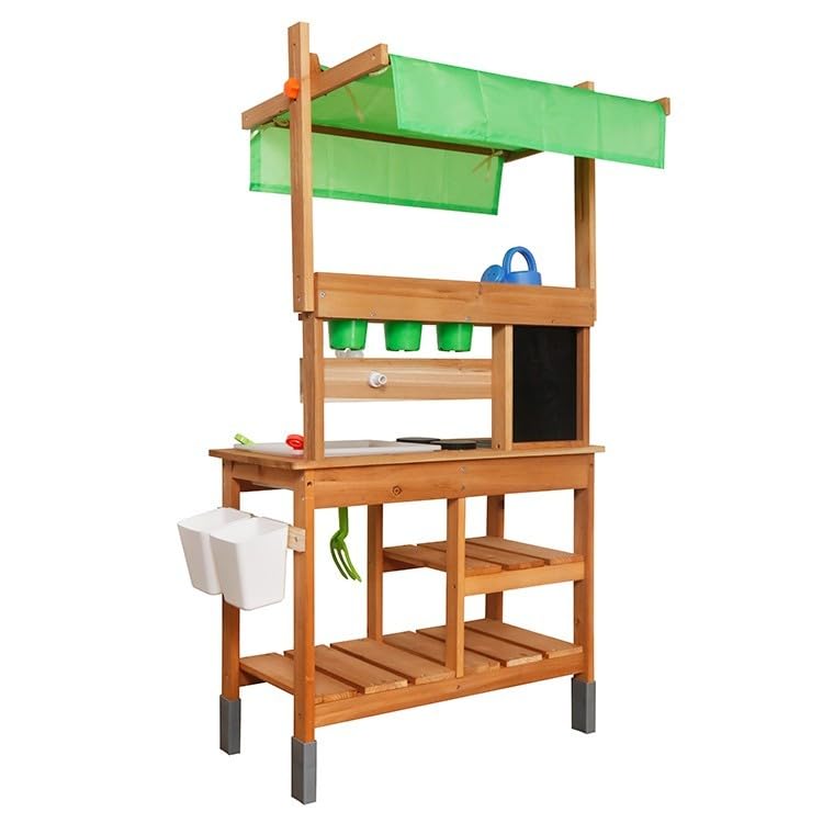 HYGRAD® Wooden Kids Outdoor Play Toy Mud Kitchen with Adjustable Canopy, Faucet, Sink, Blackboard, Stoves, Cooking Accessories and Storage, Wooden Kids Kitchen for Boys Girls 3+