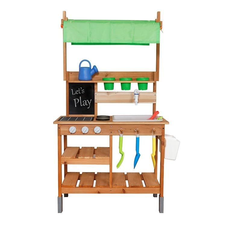 HYGRAD® Wooden Kids Outdoor Play Toy Mud Kitchen with Adjustable Canopy, Faucet, Sink, Blackboard, Stoves, Cooking Accessories and Storage, Wooden Kids Kitchen for Boys Girls 3+