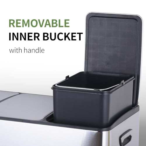HYGRAD 3 Compartment Recycling Bin 45L Dual Compartments Kitchen Pedal Dust Bin Waste Bin Separation System (3x15L Compartments) (Silver)