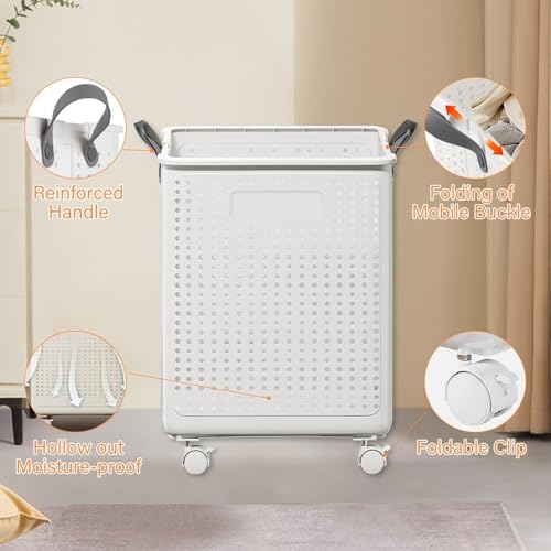 HYGRAD® Foldable Laundry Basket 42L Large Heavy Duty Laundry Hamper On Wheels Fold Away Space Saving Laundry Storage Bin Hamper For Clothes (White)