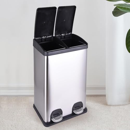 HYGRAD Kitchen Bin Recycling Bin For Kitchen Stainless Steel Triple Compartment Food Waste Bin Removable Inner Bins Kitchen Waste Compartment Bin (40L (2 x 20L Compartments))