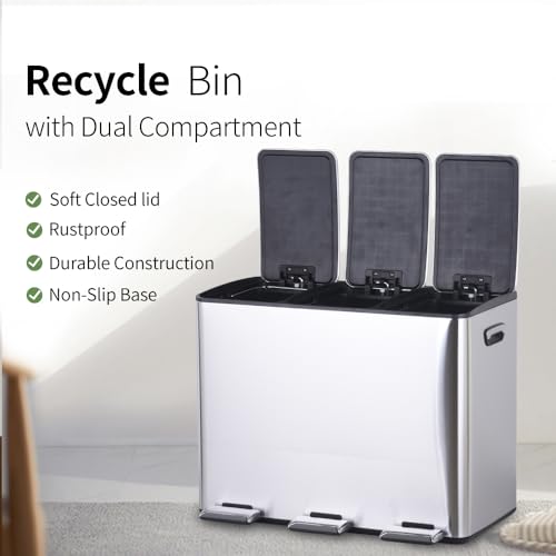 HYGRAD 3 Compartment Recycling Bin 45L Dual Compartments Kitchen Pedal Dust Bin Waste Bin Separation System (3x15L Compartments) (Silver)