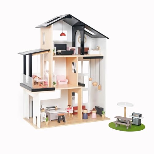 HYGRAD Large Wooden Doll House Luxury Villa Style Doll House Play Set Kids Role Play Doll House With 49Pcs Accessories 3 floor and Front Garden Balcony Lavish Design Villa Doll House