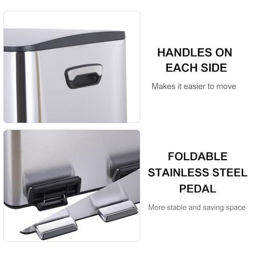 HYGRAD 3 Compartment Recycling Bin 45L Dual Compartments Kitchen Pedal Dust Bin Waste Bin Separation System (3x15L Compartments) (Silver)