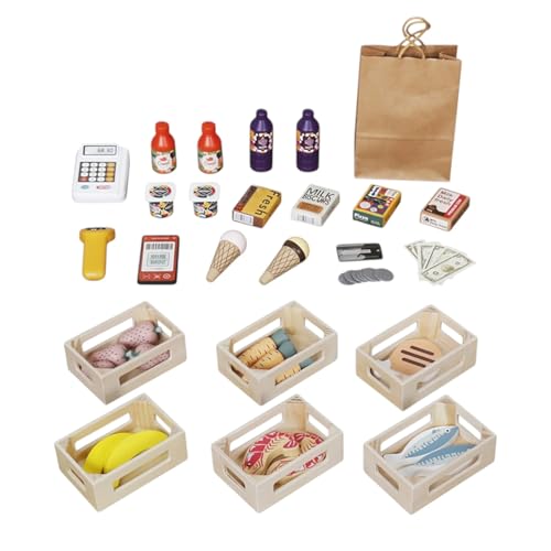 HYGRAD® Kids Grocery Store Playset,Pretend Play Store Toy & Wooden Supermarket Shopping Cart with Toy Cash Register, Play Money & Blackboard;26PCS Food Toys Shop for 3+ year