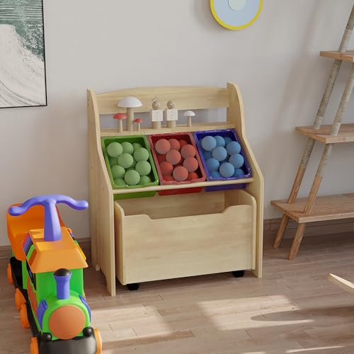 HYGRAD® Wooden Kids Toy Storage Organizer, 3 Plastic Bins, Extra Rolling Toy Box Chest & Storage Shelf, Toddler Furniture Storage Unit with Wheels for Child's Bedroom Playroom