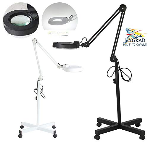 HYGRAD® 5X Magnifier Vertical Clip Floor Stand Lamp Glass Adjustable Rolling Diopter Salon SPA Beauty Makeup Skincare Nail Tattoo Light Magnifying Tool (White)