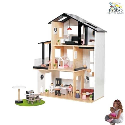 HYGRAD Large Wooden Doll House Luxury Villa Style Doll House Play Set Kids Role Play Doll House With 49Pcs Accessories 3 floor and Front Garden Balcony Lavish Design Villa Doll House