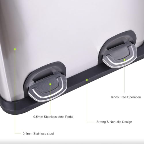 HYGRAD Kitchen Bin Recycling Bin For Kitchen Stainless Steel Triple Compartment Food Waste Bin Removable Inner Bins Kitchen Waste Compartment Bin (40L (2 x 20L Compartments))