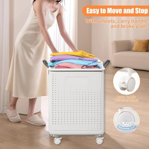 HYGRAD® Foldable Laundry Basket 42L Large Heavy Duty Laundry Hamper On Wheels Fold Away Space Saving Laundry Storage Bin Hamper For Clothes (White)
