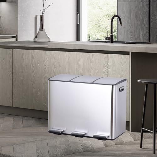 HYGRAD 3 Compartment Recycling Bin 45L Dual Compartments Kitchen Pedal Dust Bin Waste Bin Separation System (3x15L Compartments) (Silver)
