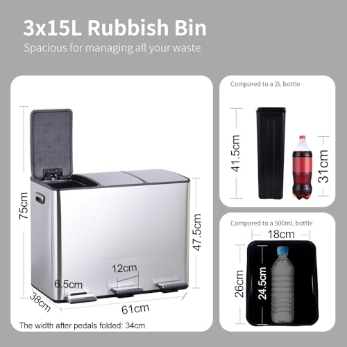 HYGRAD 3 Compartment Recycling Bin 45L Dual Compartments Kitchen Pedal Dust Bin Waste Bin Separation System (3x15L Compartments) (Silver)