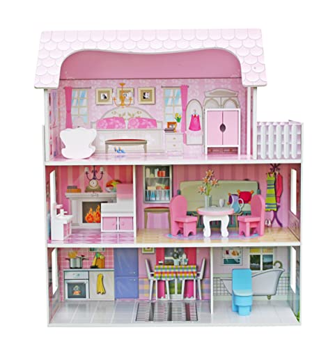 HYGRAD® Kids Wooden Three Levels Victorian Wooden Doll House with Furniture Set For Role Play (Design 2)