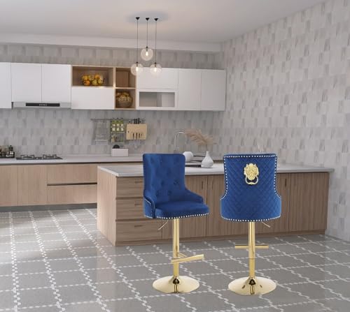 Luxury Velvet Bar Stools With Lion Knocker Back Rest Padded Breakfast Bar Stools Set of 2 or Single Kitchen Island Bar Stools Height Adjustable And Swivel (Set of 2))