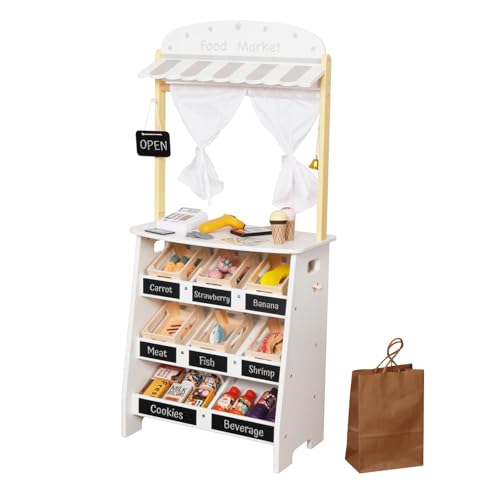 HYGRAD® Kids Grocery Store Playset,Pretend Play Store Toy & Wooden Supermarket Shopping Cart with Toy Cash Register, Play Money & Blackboard;26PCS Food Toys Shop for 3+ year