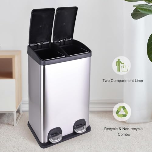 HYGRAD Kitchen Bin Recycling Bin For Kitchen Stainless Steel Triple Compartment Food Waste Bin Removable Inner Bins Kitchen Waste Compartment Bin (40L (2 x 20L Compartments))