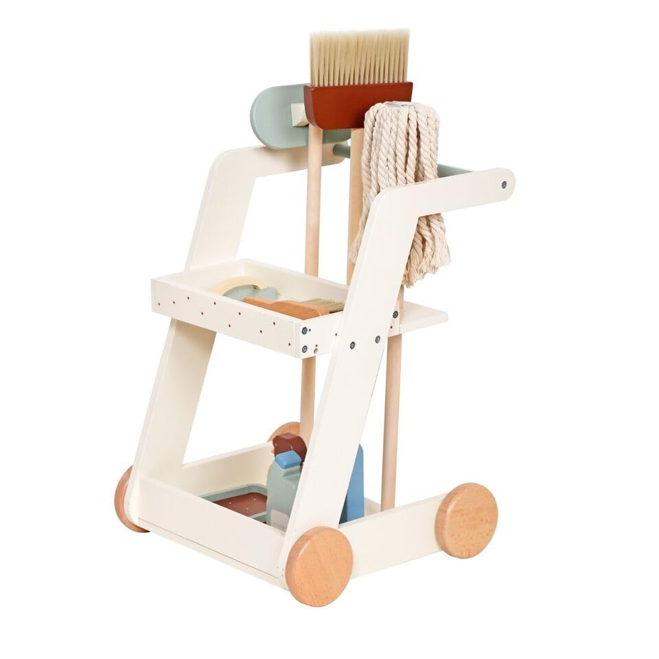 HYGRAD Kids Wooden Cleaning Set Toy Cart Kids Role Play Janitor Cleaning Set Household Pretend Play Childrens Toy Gift Ages 3+