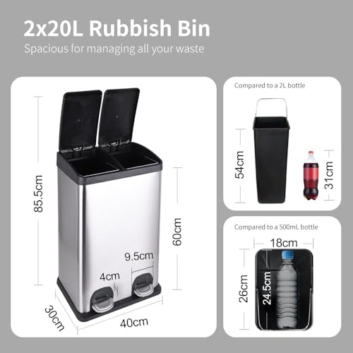 HYGRAD Kitchen Bin Recycling Bin For Kitchen Stainless Steel Triple Compartment Food Waste Bin Removable Inner Bins Kitchen Waste Compartment Bin (40L (2 x 20L Compartments))