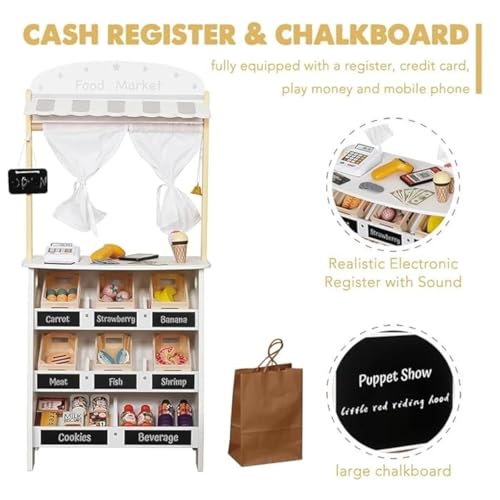 HYGRAD® Kids Grocery Store Playset,Pretend Play Store Toy & Wooden Supermarket Shopping Cart with Toy Cash Register, Play Money & Blackboard;26PCS Food Toys Shop for 3+ year