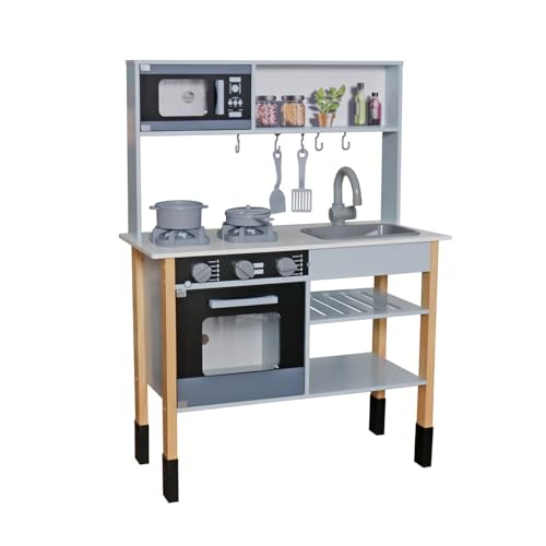 HYGRAD Kids Large Wooden Kitchen Toy Play Set Toddlers Chef Grey Kitchen Pretend Play For Boys & Girls Role Play Gift For Kids 3 Years +