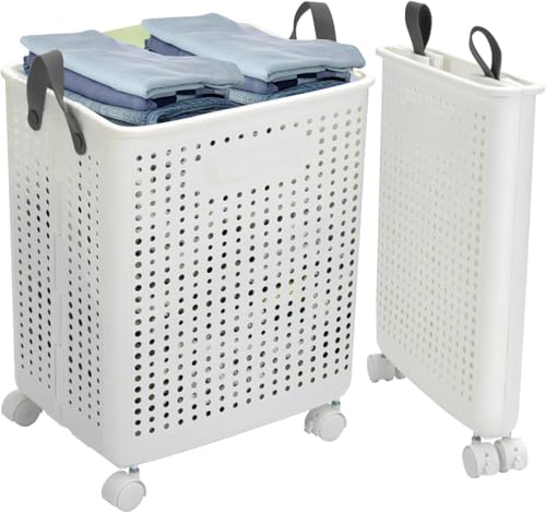 HYGRAD® Foldable Laundry Basket 42L Large Heavy Duty Laundry Hamper On Wheels Fold Away Space Saving Laundry Storage Bin Hamper For Clothes (White)