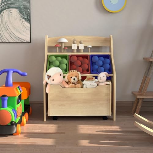 HYGRAD® Wooden Kids Toy Storage Organizer, 3 Plastic Bins, Extra Rolling Toy Box Chest & Storage Shelf, Toddler Furniture Storage Unit with Wheels for Child's Bedroom Playroom