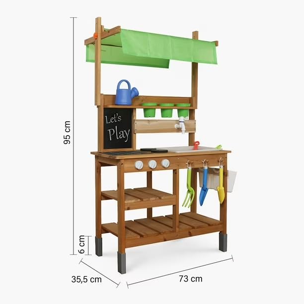 HYGRAD® Wooden Kids Outdoor Play Toy Mud Kitchen with Adjustable Canopy, Faucet, Sink, Blackboard, Stoves, Cooking Accessories and Storage, Wooden Kids Kitchen for Boys Girls 3+