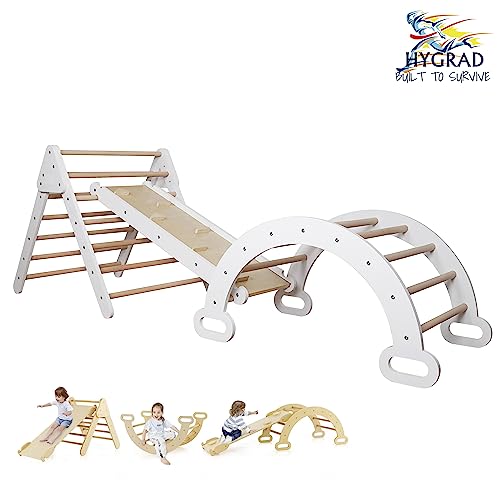 Pikler Triangle Climber Set of 3, Toddler Climbing Toys Indoor Folding with Ramp & Arch & Mat & Wooden Puzzle, Wooden Montessori Play Gym for Toddlers and Kids HYGRAD®