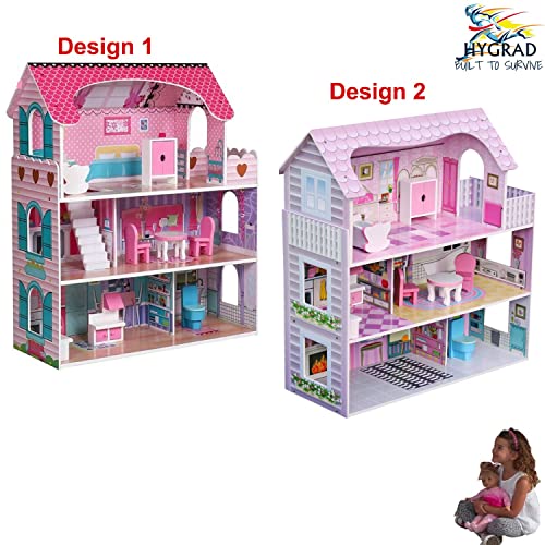 HYGRAD® Kids Wooden Three Levels Victorian Wooden Doll House with Furniture Set For Role Play (Design 2)