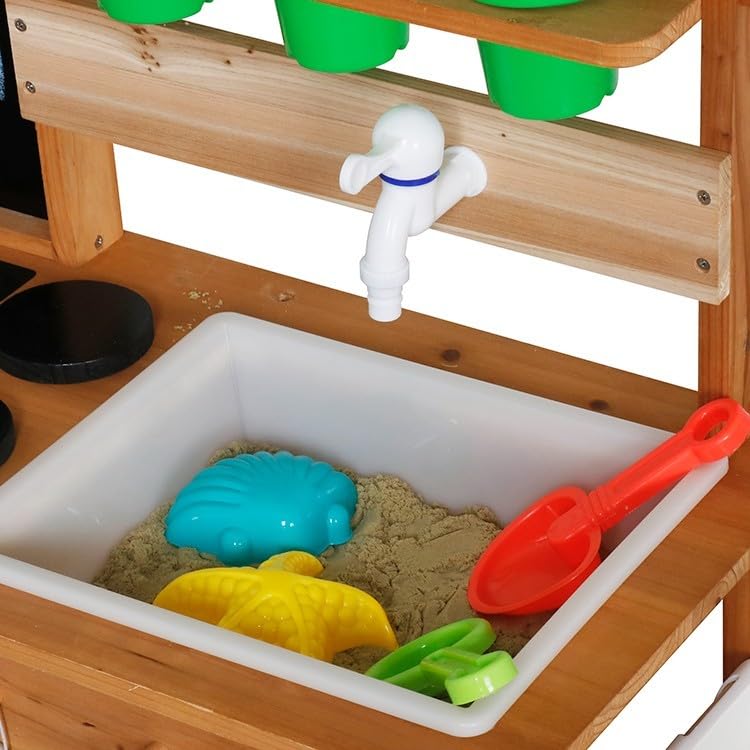 HYGRAD® Wooden Kids Outdoor Play Toy Mud Kitchen with Adjustable Canopy, Faucet, Sink, Blackboard, Stoves, Cooking Accessories and Storage, Wooden Kids Kitchen for Boys Girls 3+