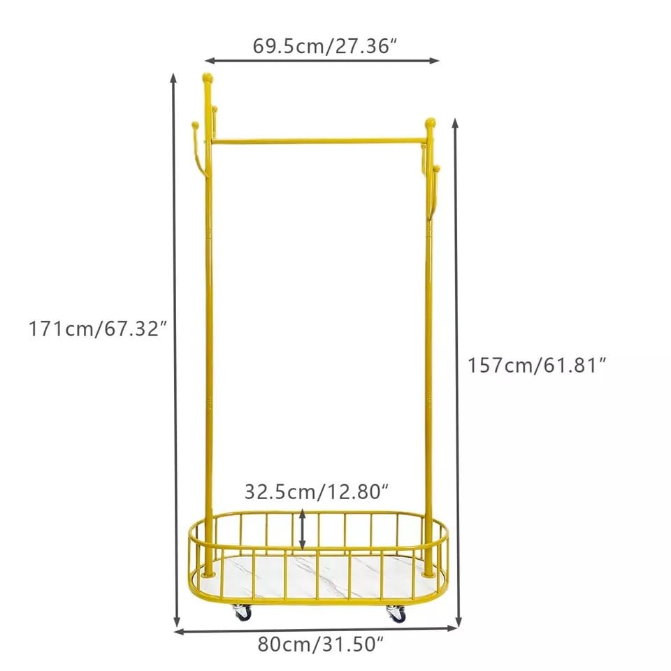 Heavy Duty Gold Metal Clothes Rail with Wheels - 80 x 32 x 171 cm Clothes Racks – Clothing Rail with Hollow Storage Shelf for Home Bedroom Balcony