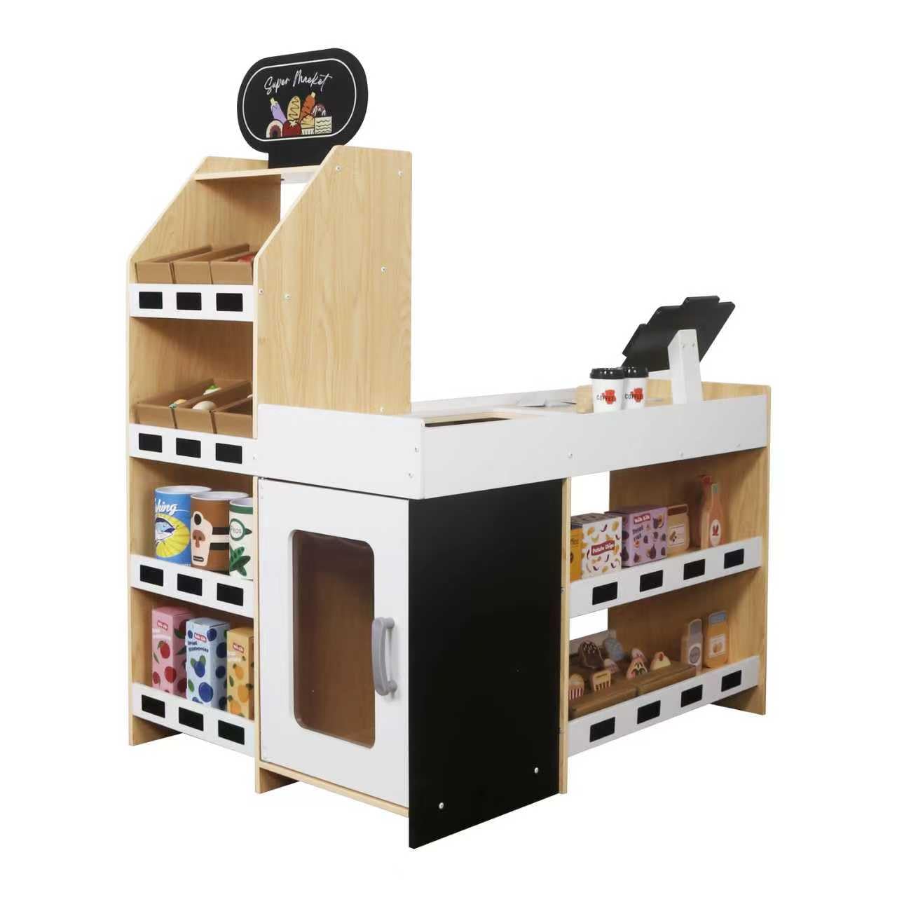 HYGRAD® Kids Grocery Store, Wooden Market Play Shop, Children 3+ Supermarket Playset with Accessories: Cash Register, Fruit, Vegetables, Cash, Credit Card, Kids Market Stall - Shop Counter
