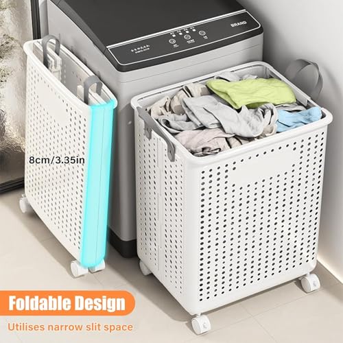 HYGRAD® Foldable Laundry Basket 42L Large Heavy Duty Laundry Hamper On Wheels Fold Away Space Saving Laundry Storage Bin Hamper For Clothes (White)