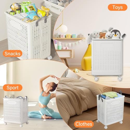 HYGRAD® Foldable Laundry Basket 42L Large Heavy Duty Laundry Hamper On Wheels Fold Away Space Saving Laundry Storage Bin Hamper For Clothes (White)