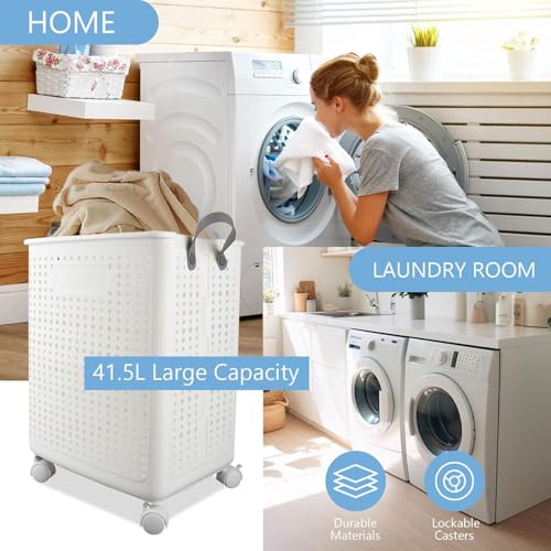 HYGRAD® Foldable Laundry Basket 42L Large Heavy Duty Laundry Hamper On Wheels Fold Away Space Saving Laundry Storage Bin Hamper For Clothes (White)