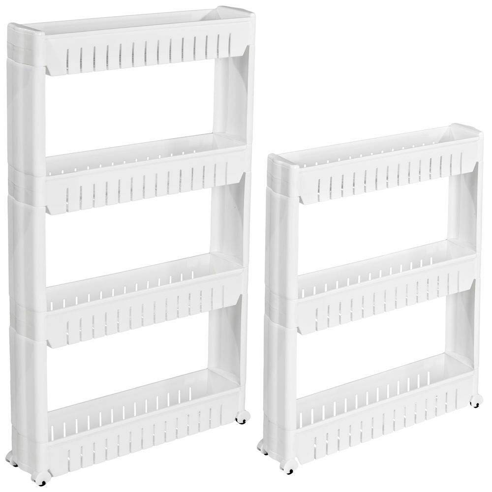 HYGRAD® Slide Out Storage Tower Folding 3/4 Tier Rolling Castor Kitchen Bathroom Trolley Rack UK (White, 4 Tier)