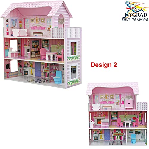 HYGRAD® Kids Wooden Three Levels Victorian Wooden Doll House with Furniture Set For Role Play (Design 2)