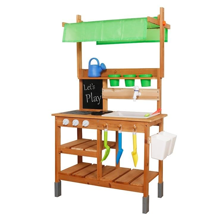 HYGRAD® Wooden Kids Outdoor Play Toy Mud Kitchen with Adjustable Canopy, Faucet, Sink, Blackboard, Stoves, Cooking Accessories and Storage, Wooden Kids Kitchen for Boys Girls 3+